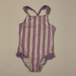 Cat & Jack one piece swimsuit, size 3T, striped, white and purple.